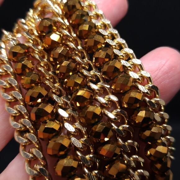 Golden Bronze Crystal Beads & Gold Chain Bracelet, Magnetic Clasp, 7 1/2 Inches - Picture 7 of 8